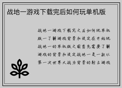 战地一游戏下载完后如何玩单机版